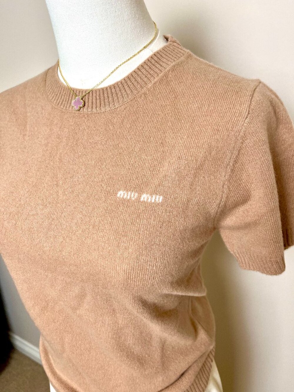 Miu Miu Cashmere Short Sleeve Top in Sand Beige EU 38